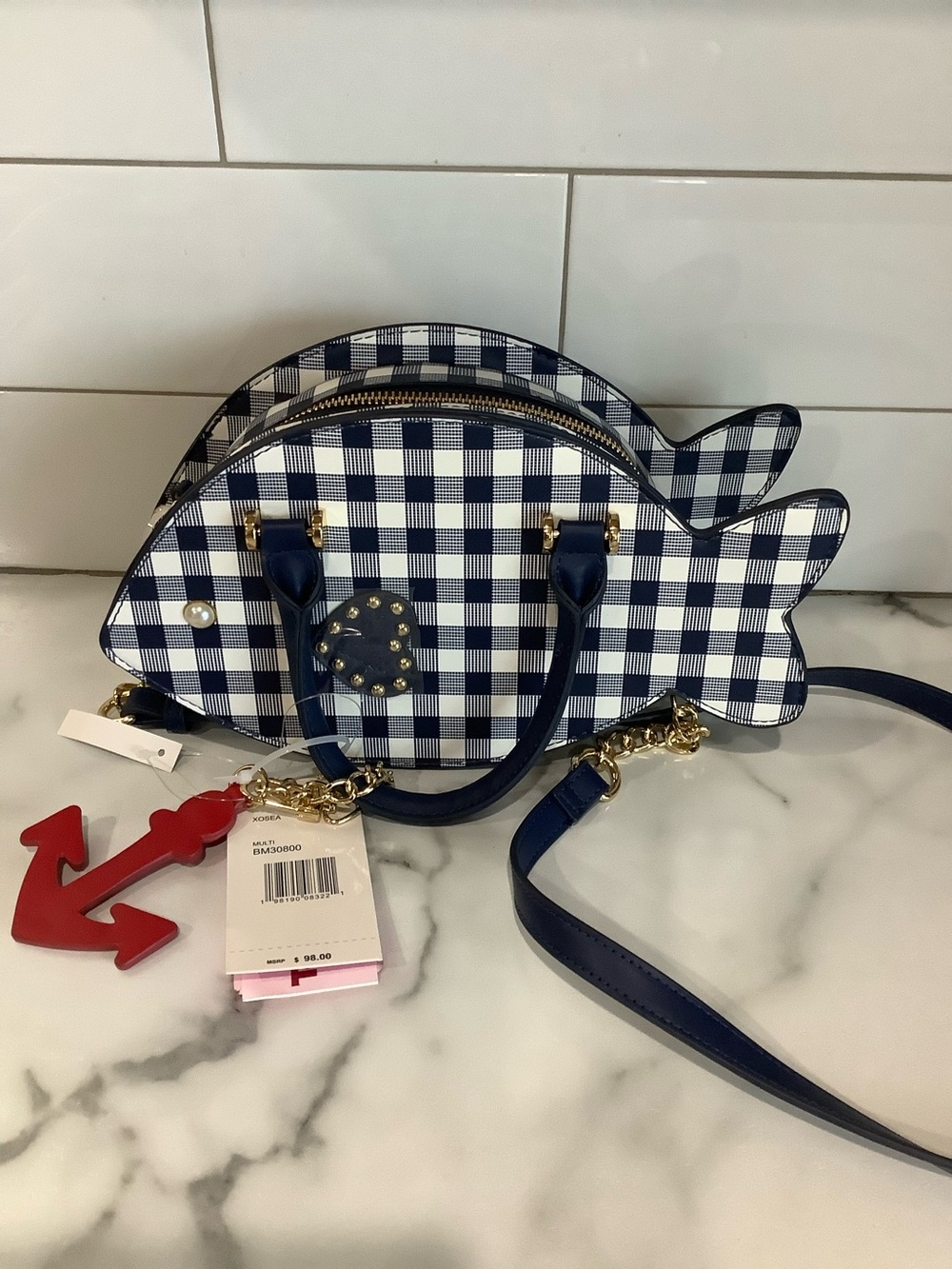 Betsey Johnson Navy and White Gingham Fish Crossbody with Gold Hardware